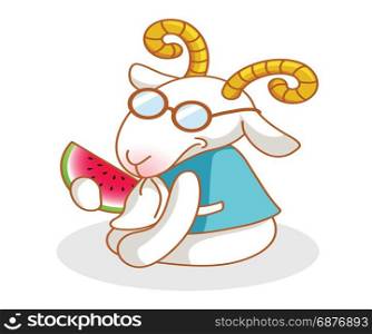 cute cartoon goat eating watermelon