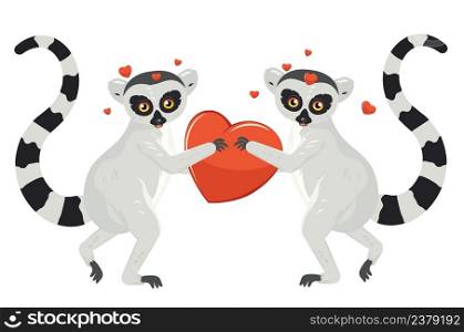Cute cartoon gray lemur catta couple with big red heart illustration.