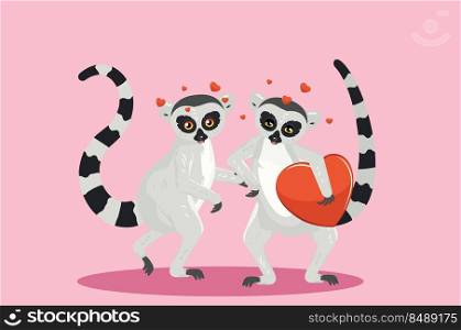 Cute cartoon gray lemur catta couple with big red heart illustration.
