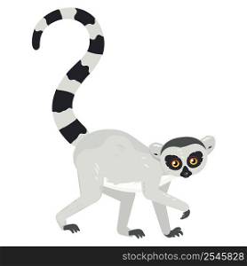 Cute cartoon gray lemur catta, ring tailed illustration.