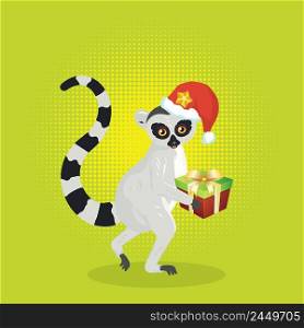Cute cartoon gray lemur catta wears Santa hat greeting card illustration.