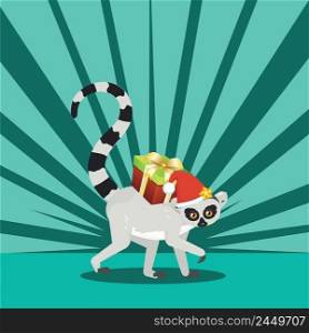 Cute cartoon gray lemur catta wears Santa hat greeting card illustration.