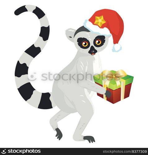 Cute cartoon gray lemur catta wears Santa hat illustration.