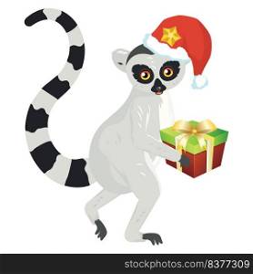 Cute cartoon gray lemur catta wears Santa hat illustration.