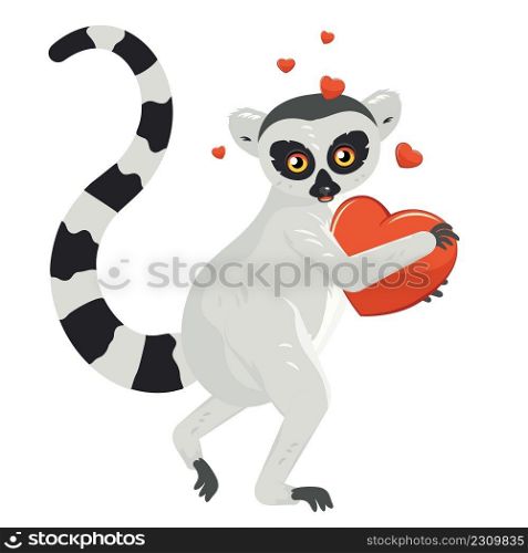 Cute cartoon gray lemur catta with big red heart illustration.