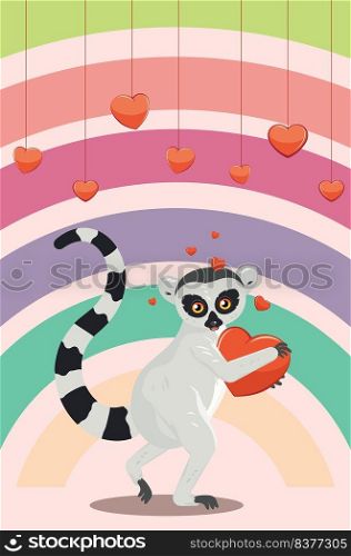 Cute cartoon gray lemur catta with big red heart illustration.
