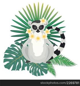 Cute cartoon gray lemur catta with tropical leaves and flowers.