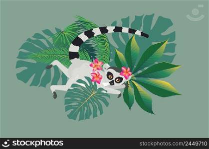 Cute cartoon gray lemur catta with tropical leaves and flowers.