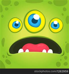 Cute cartoon green alien with three eyes. Vector Halloween monster avatar talking