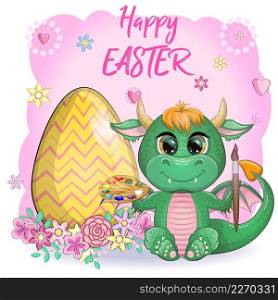 Cute cartoon green baby dragon with an easter egg. Symbol of 2024 according to the Chinese calendar.. Cute cartoon green baby dragon with an easter egg. Symbol of 2024 according to the Chinese calendar