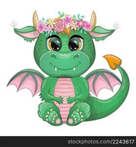 Cute cartoon green baby dragon with horns and wings. Symbol of 2024 according to the Chinese calendar. Funny mythical monster reptile. Cute cartoon green baby dragon with horns and wings. Symbol of 2024 according to the Chinese calendar