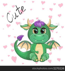 Cute cartoon green baby dragon with horns and wings. Symbol of 2024 according to the Chinese calendar. Funny mythical monster reptile.. Cute cartoon green baby dragon with horns and wings. Symbol of 2024 according to the Chinese calendar. Funny mythical monster reptile