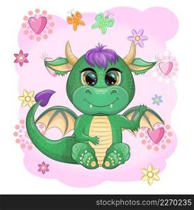Cute cartoon green baby dragon with horns and wings. Symbol of 2024 according to the Chinese calendar. Funny mythical monster reptile.. Cute cartoon green baby dragon with horns and wings. Symbol of 2024 according to the Chinese calendar. Funny mythical monster reptile