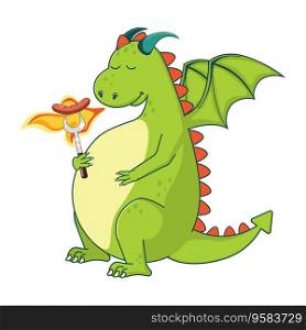 Cute cartoon green dragon holding metal fork with roasted sausage illustration.