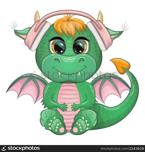 Cute cartoon green dragon in headphones listens to music. Symbol of 2024 according to the Chinese calendar. Cute cartoon green dragon in headphones listens to music. Symbol of 2024 according to the Chinese calendar.