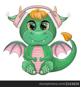 Cute cartoon green dragon in headphones listens to music. Symbol of 2024 according to the Chinese calendar. Cute cartoon green dragon in headphones listens to music. Symbol of 2024 according to the Chinese calendar.