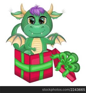 Cute cartoon green dragon in santa hat. 2024 new year, chinese calendar. Gifts, Christmas tree toy, candycane, a cup with an inscription, a New Year stocking for gifts. Cute cartoon green dragon in santa hat. 2024 new year, chinese calendar