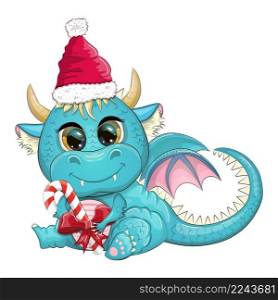 Cute cartoon green dragon in santa hat. 2024 new year, chinese calendar. Gifts, Christmas tree toy, candycane, a cup with an inscription, a New Year stocking for gifts. Cute cartoon green dragon in santa hat. 2024 new year, chinese calendar