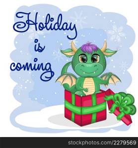 Cute cartoon green dragon in santa hat. 2024 new year, chinese calendar. The holiday is coming. Cute cartoon green dragon in santa hat. 2024 new year, chinese calendar