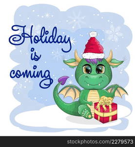 Cute cartoon green dragon in santa hat. 2024 new year, chinese calendar. The holiday is coming. Cute cartoon green dragon in santa hat. 2024 new year, chinese calendar