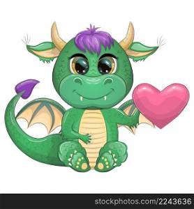 Cute cartoon green dragon with a heart, declaration of love, Valentines day. Symbol of 2024 according to the Chinese calendar. Cute cartoon green dragon with a heart, declaration of love, Valentines day. Symbol of 2024 according to the Chinese calendar.