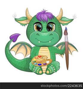 Cute cartoon green dragon with brushes and paints, artist. Symbol of 2024 according to the Chinese calendar.. Cute cartoon green dragon with brushes and paints, artist. Symbol of 2024 according to the Chinese calendar