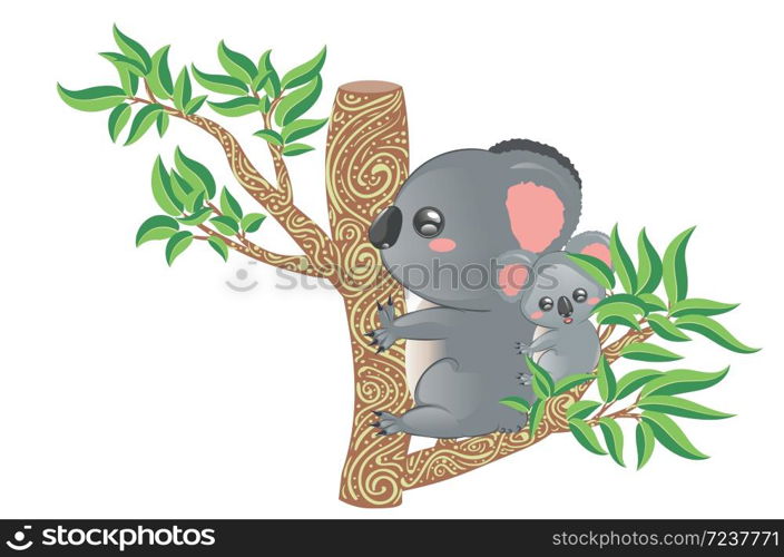 Cute cartoon grey koala bears, mother with babyon eucalyptus tree branch design.