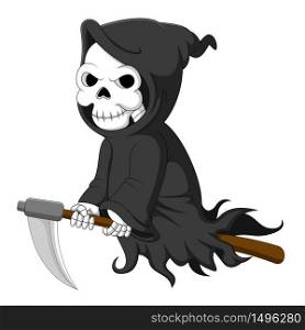 Cute cartoon grim reaper riding scythe