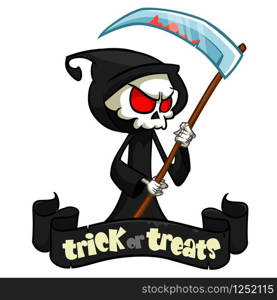 Cute cartoon grim reaper with scythe isolated on white. Vector illustration with a ribbon and title trick or treats