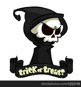 Cute cartoon grim reaper with scythe isolated on white. Vector illustration with a ribbon and title trick or treats