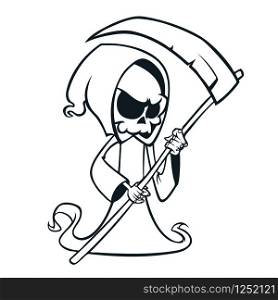 Cute cartoon grim reaper with scythe isolated on white. Coloring book