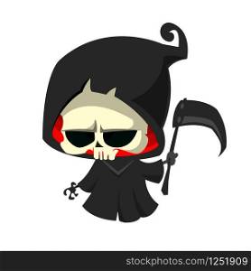 Cute cartoon grim reaper with scythe isolated on white. Cute Halloween skeleton death character