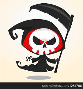 Cute cartoon grim reaper with scythe isolated on white. Cute Halloween skeleton death character icon