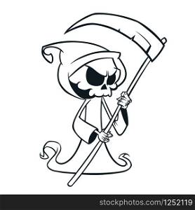 Cute cartoon grim reaper with scythe isolated on white. Cute Halloween skeleton death character outlines. Line art for coloring book