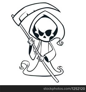 Cute cartoon grim reaper with scythe isolated on white. Cute Halloween skeleton death character outlines. Line art for coloring book