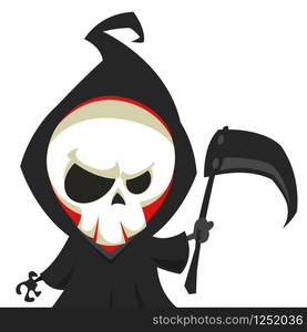 Cute cartoon grim reaper with scythe isolated on white. Vector illustration