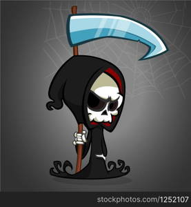 Cute cartoon grim reaper with scythe isolated. Vector illustration