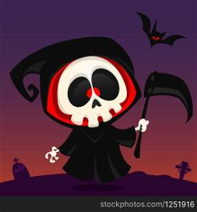 Cute cartoon grim reaper with scythe poster for Halloween party