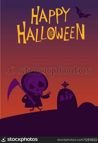 Cute cartoon grim reaper with scythe poster for Halloween party