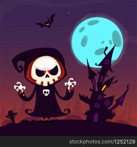 Cute cartoon grim reaper with scythe poster for Halloween party. Simple background with cemetery and full moon