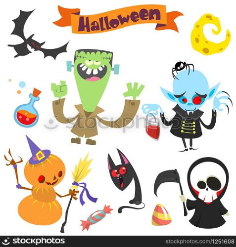 Cute cartoon halloween characters icon set.Frankenstein, pumpkin head, bat, witch cat, vampire and grim reaper. Vector illustration