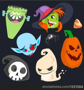 Cute cartoon Halloween characters icon set. Monster, witch, vampire, pumpkin head, death and cute ghost