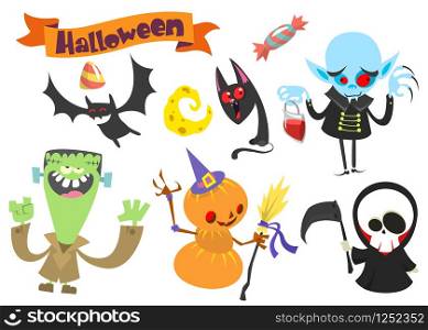 Cute cartoon halloween characters set illustration