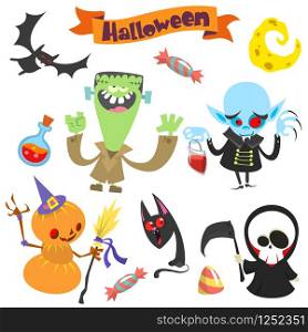 Cute cartoon halloween characters set illustration. Grim reaper, pumpkin, zombie and vampire