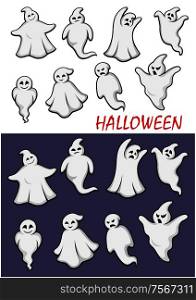 Cute cartoon Halloween ghosts in flowing white robes in different scary poses with different expressions in two color variants on white and a dark background. Cute set of vector Halloween ghosts