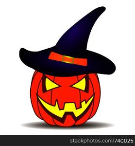 Cute Cartoon Halloween Pumpkin with funny face, isolated on white background for your Design, Game, Card. Violet Witch Hat on Pumpkin. Jack-O-Lantern. Wizard Hat. Vector Illustration.