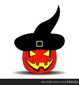 Cute Cartoon Halloween Pumpkin with funny face, isolated on white background for your Design, Game, Card. Black Witch Hat on Pumpkin. Jack-O-Lantern. Wizard Hat. Vector Illustration.