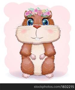 Cute cartoon hamster characters, funny animal in a wreath of flowers, rodent, pet. Cute cartoon hamster characters, funny animal muzzle in flower