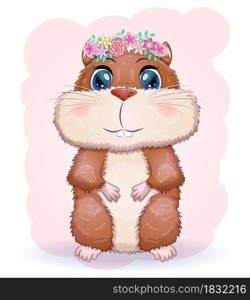 Cute cartoon hamster characters, funny animal in a wreath of flowers, rodent, pet. Cute cartoon hamster characters, funny animal muzzle in flower
