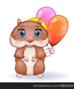 Cute cartoon hamster characters, funny animal with balloons, birthday card, holiday. Cute cartoon hamster characters, funny animal muzzle in flower